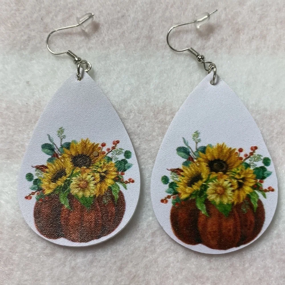 Faux Leather Teardrop Sunflower Earrings Printed both sides (CO)